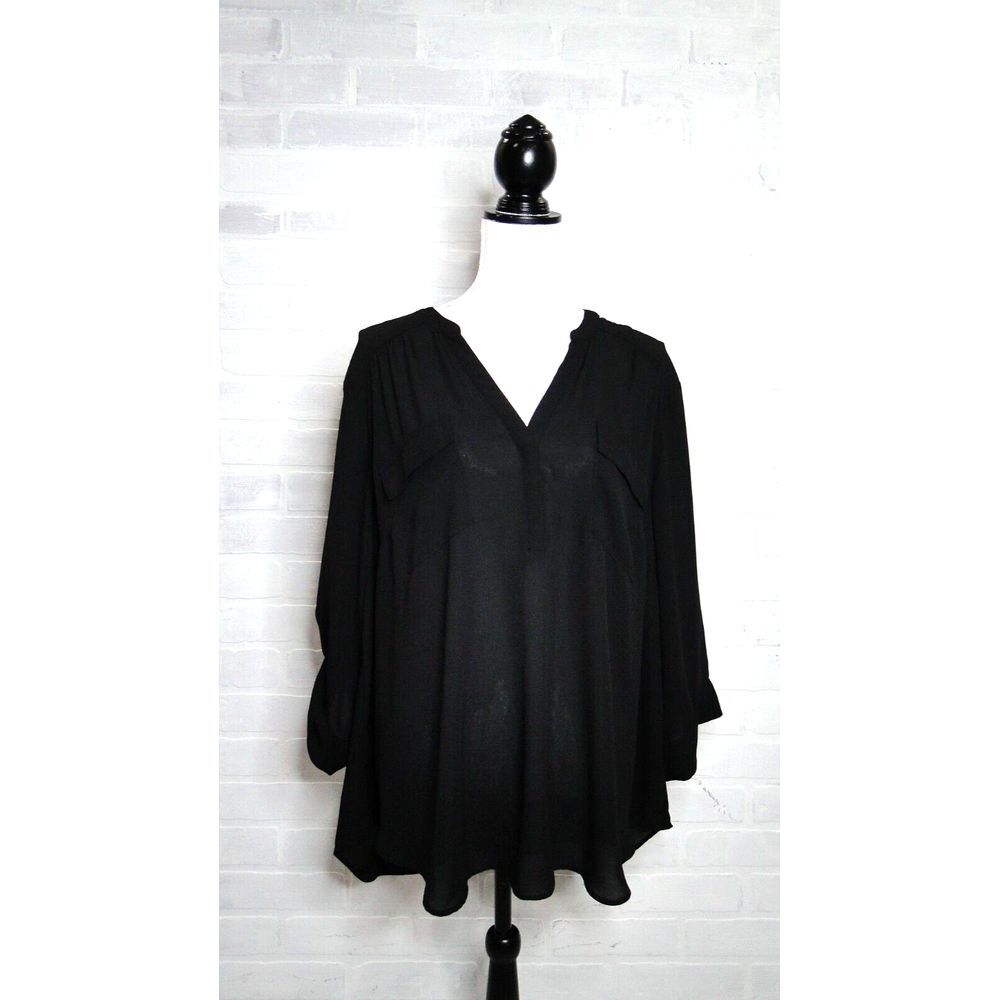Torrid Harper Sheer Georgette Roll‎ Tab Sleeve Tunic Blouse Top Black SZ 3